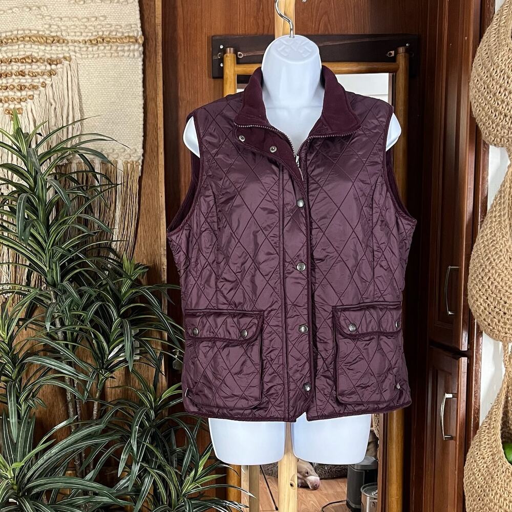 Eddie Bauer Quilted Fleece Lined Vest Large Plum Zip Snap Outdoor Hiking Layer